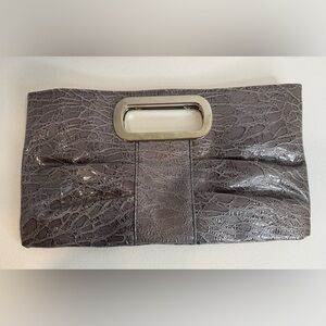 Croc-Embossed Gray Leather Clutch with Metal Cutout Handle
